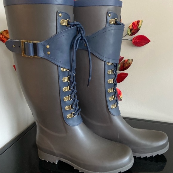 EUC UGG Madelynn gray/blue rubber and leather tall rain boots - Picture 12 of 16